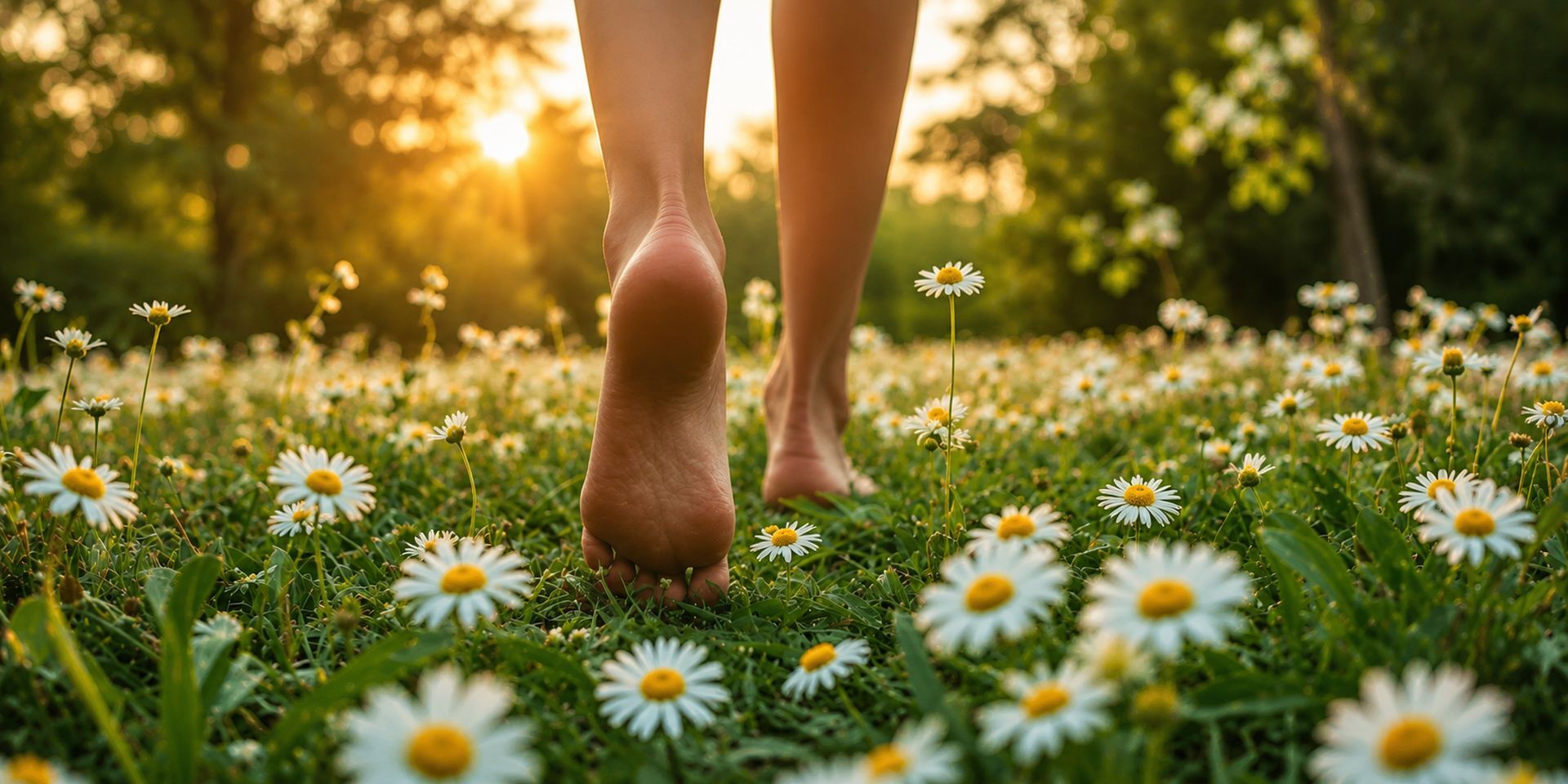 Barfüßige Person läuft bei Sonnenuntergang über eine Wiese mit Gänseblümchen